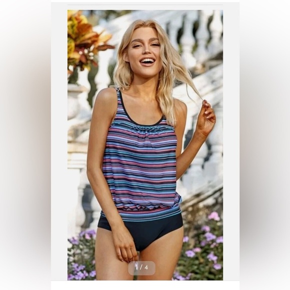 Walk On Beach STRIPE  Print Two Piece Tankini Swimsuit - Multicolor Size: XL NEW - Picture 2 of 12